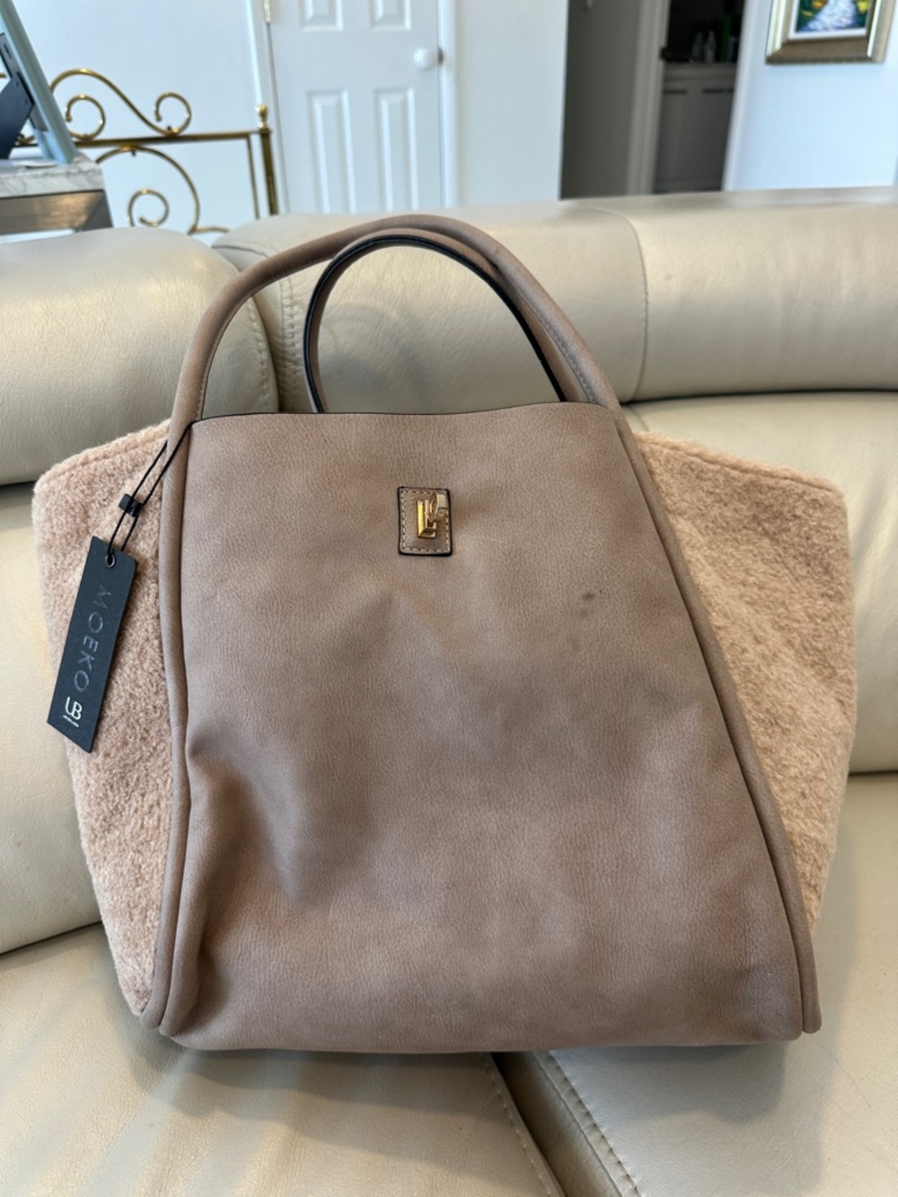 Taupe Shearling-Trim Tote